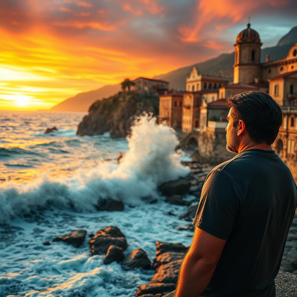 A dramatic coastal scene on Ischia, Italy, with a man of average build standing by the shore