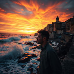 A dramatic coastal scene on Ischia, Italy, with a man of average build standing by the shore