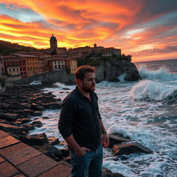 A dramatic coastal scene on Ischia, Italy, with a man of average build standing by the shore