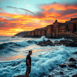 A dramatic coastal scene on Ischia, Italy, with a man of average build standing by the shore