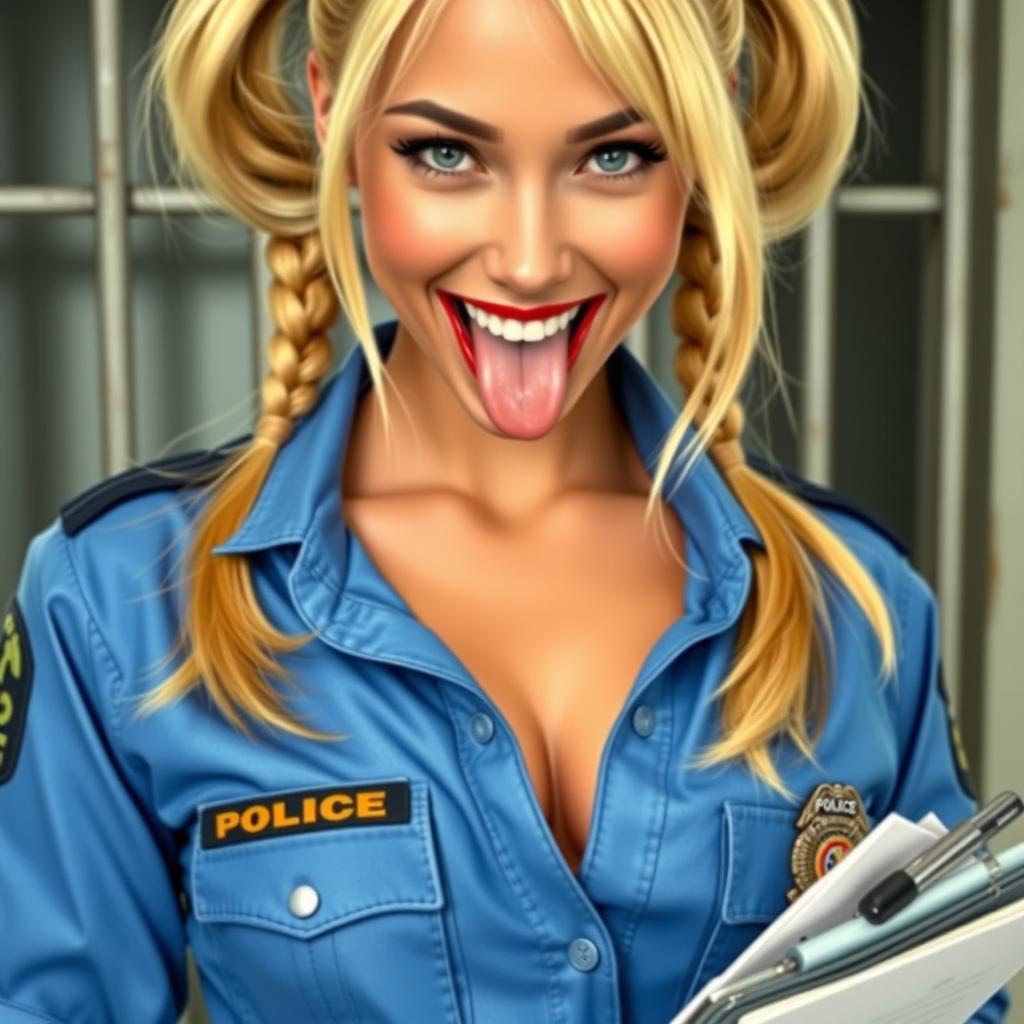 Extreme close-up of a gorgeous police officer with blonde pigtails, wearing a blue police uniform shirt tied in front, showcasing her police badge