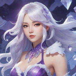 A detailed illustration of Shenhe, a character from Genshin Impact with her white hair and an exotic purple dress, surrounded by icy shards