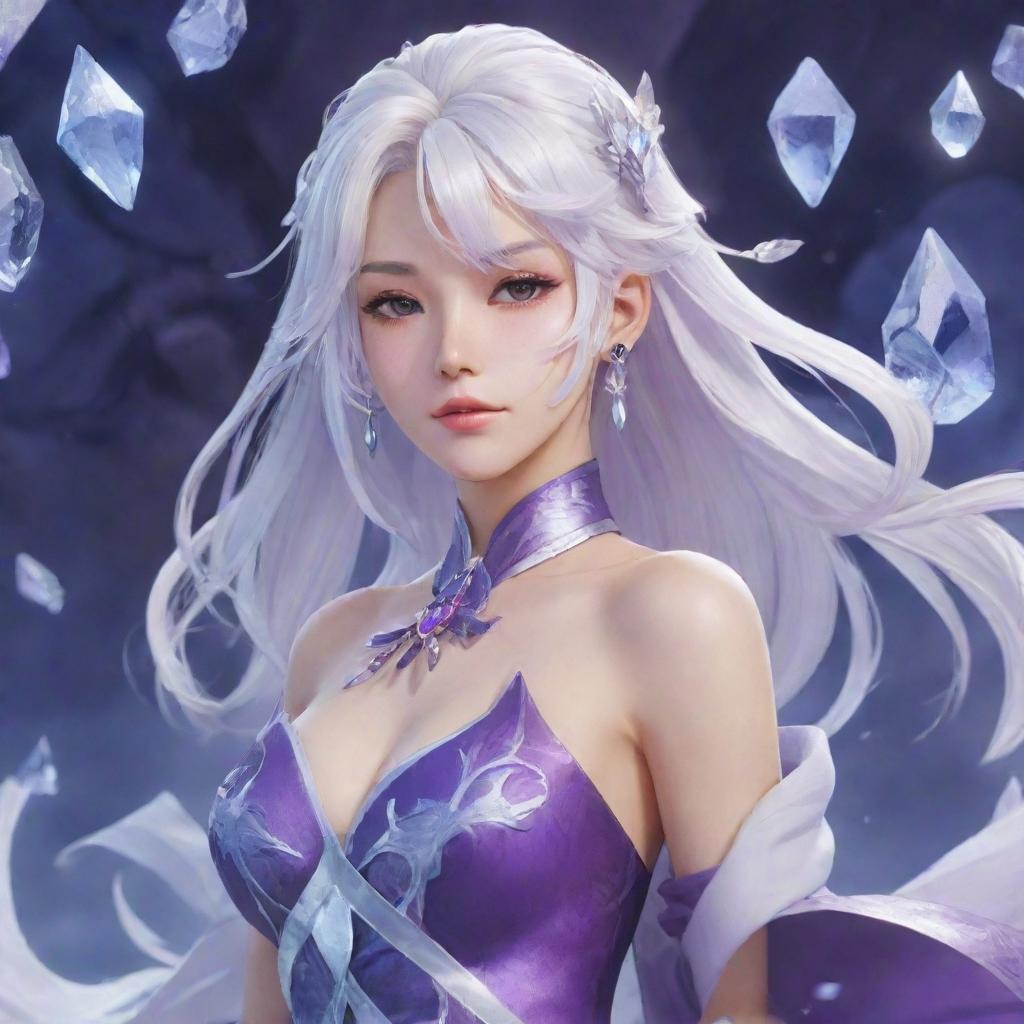 A detailed illustration of Shenhe, a character from Genshin Impact with her white hair and an exotic purple dress, surrounded by icy shards