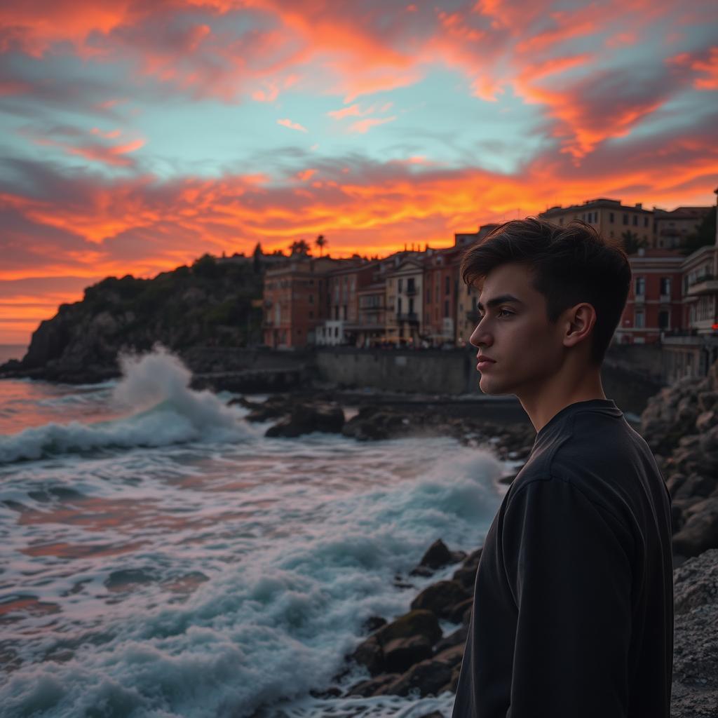 A dramatic coastal scene in Ischia, Italy, featuring a young man in his early 20s standing by the shore