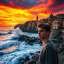 A dramatic coastal scene in Ischia, Italy, featuring a young man in his early 20s standing by the shore