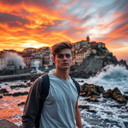 A dramatic coastal scene in Ischia, Italy, featuring a young man in his early 20s standing by the shore