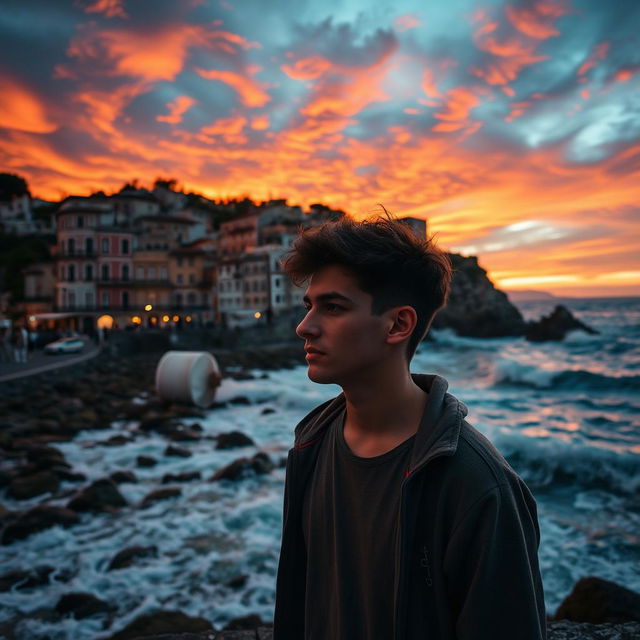 A dramatic coastal scene in Ischia, Italy, featuring a young man in his early 20s standing by the shore