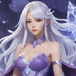 A detailed illustration of Shenhe, a character from Genshin Impact with her white hair and an exotic purple dress, surrounded by icy shards