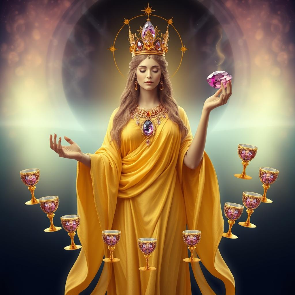 A serene goddess of harmony draped in a gold flowing dress, radiating warmth and balance