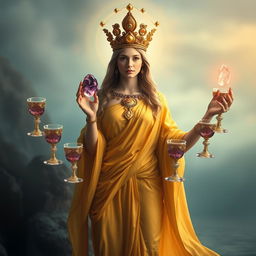 A serene goddess of harmony draped in a gold flowing dress, radiating warmth and balance