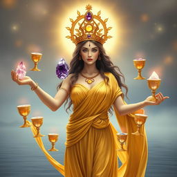 A serene goddess of harmony draped in a gold flowing dress, radiating warmth and balance