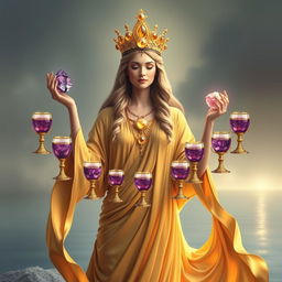 A serene goddess of harmony draped in a gold flowing dress, radiating warmth and balance