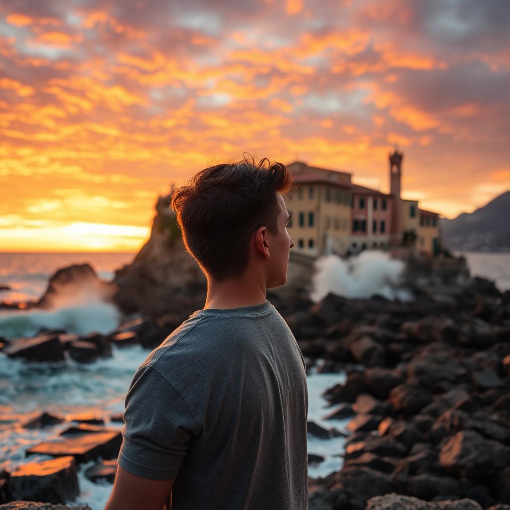 A dramatic sunset scene on the coast of Ischia, Italy, featuring a young man in his early 20s of average build, gazing thoughtfully at the ocean