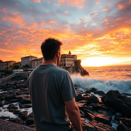 A dramatic sunset scene on the coast of Ischia, Italy, featuring a young man in his early 20s of average build, gazing thoughtfully at the ocean