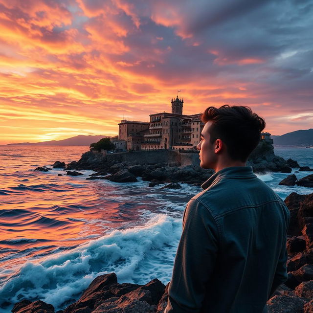 A dramatic sunset scene on the coast of Ischia, Italy, featuring a young man in his early 20s of average build, gazing thoughtfully at the ocean