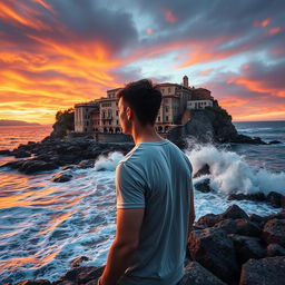 A dramatic sunset scene on the coast of Ischia, Italy, featuring a young man in his early 20s of average build, gazing thoughtfully at the ocean