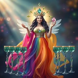 A radiant goddess of happiness dressed in a rainbow flowing dress, embodying joy and positivity