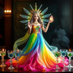 A radiant goddess of happiness dressed in a rainbow flowing dress, embodying joy and positivity