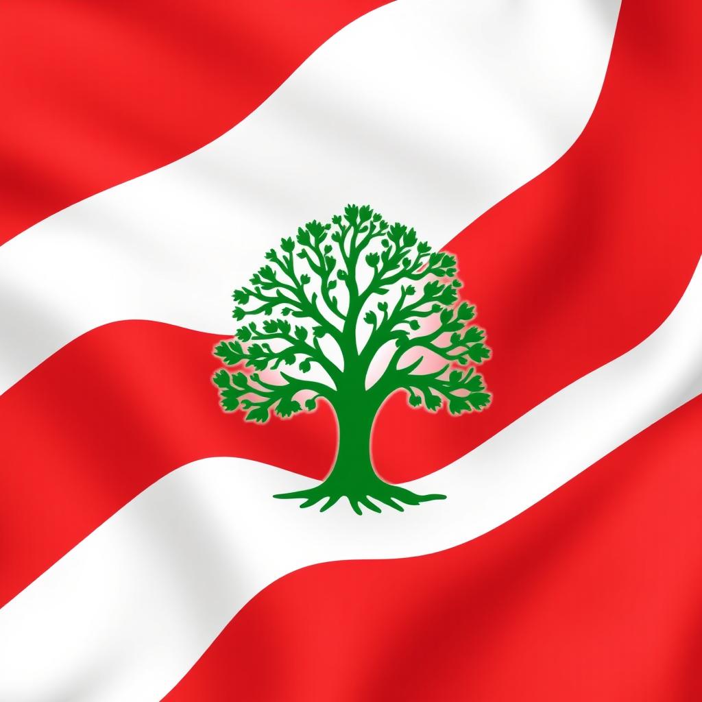 Flag design featuring bold red and white stripes with a prominent green tree symbol in the center