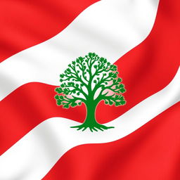 Flag design featuring bold red and white stripes with a prominent green tree symbol in the center