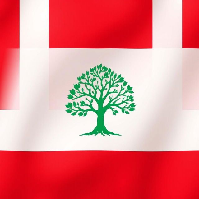 Flag design featuring bold red and white stripes with a prominent green tree symbol in the center