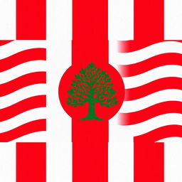 Flag design featuring bold red and white stripes with a prominent green tree symbol in the center