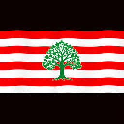 Flag design featuring bold red and white stripes with a prominent green tree symbol in the center