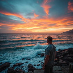 A dramatic coastal scene on Ischia, Italy, featuring a man of average build standing by the shore, facing the open ocean