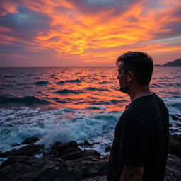 A dramatic coastal scene on Ischia, Italy, featuring a man of average build standing by the shore, facing the open ocean