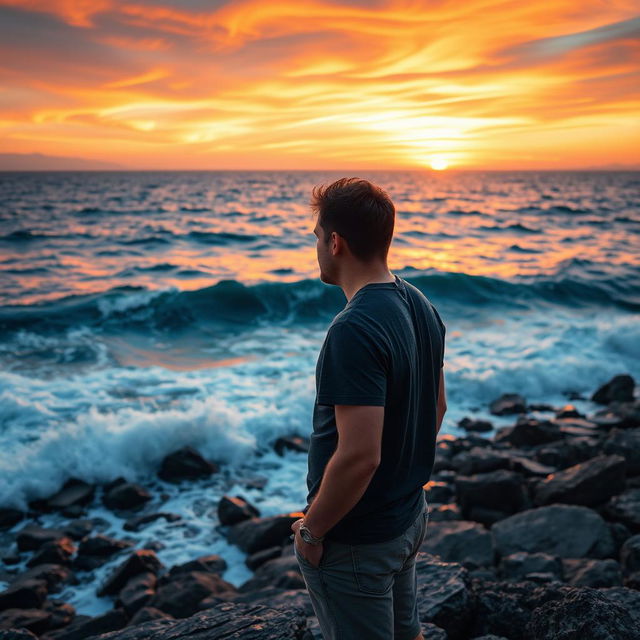 A dramatic coastal scene on Ischia, Italy, featuring a man of average build standing by the shore, facing the open ocean