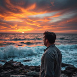 A dramatic coastal scene on Ischia, Italy, featuring a man of average build standing by the shore, facing the open ocean