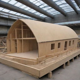 A contemporary representation of Noah's Ark under construction, using modern materials and techniques while preserving its iconic shape.