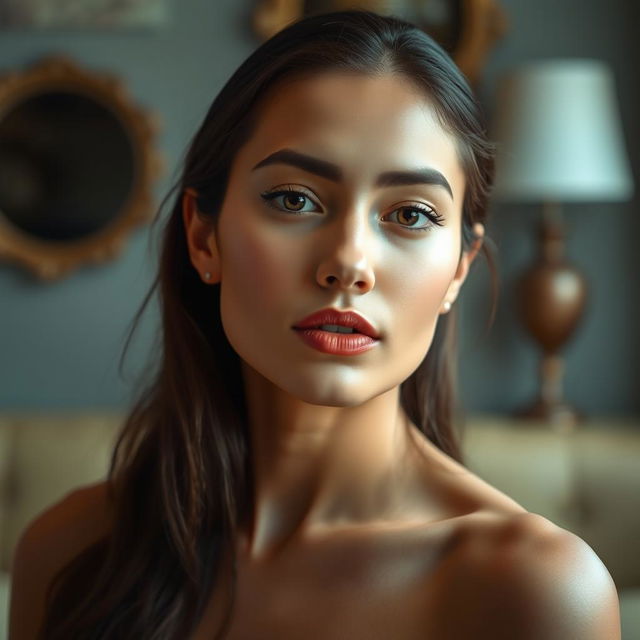 A beautiful woman posing in a way that accentuates her natural beauty, capturing the essence of femininity