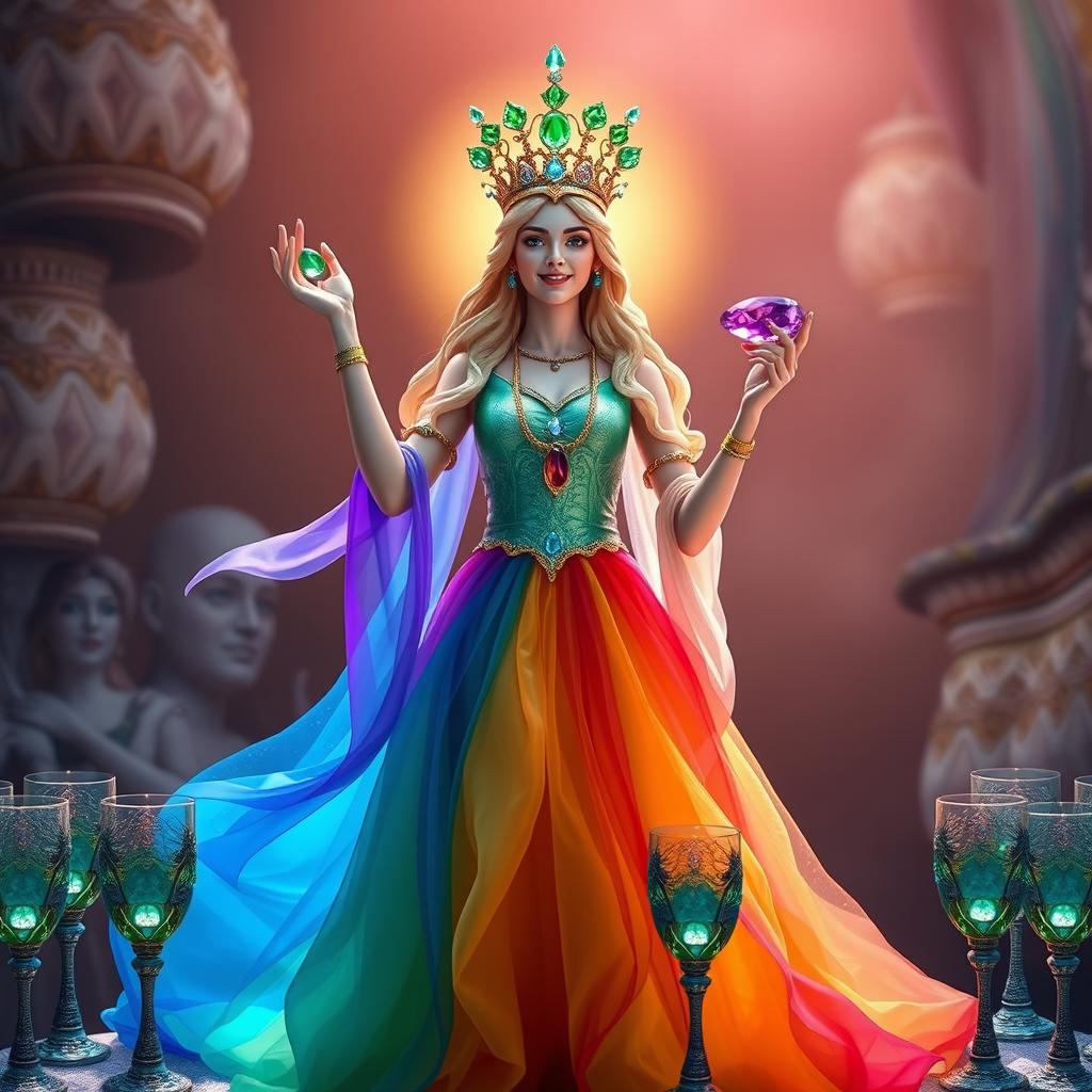 A radiant goddess of happiness dressed in a rainbow flowing dress, embodying joy and positivity