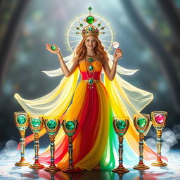 A radiant goddess of happiness dressed in a rainbow flowing dress, embodying joy and positivity