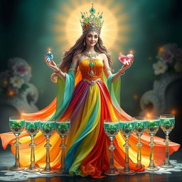 A radiant goddess of happiness dressed in a rainbow flowing dress, embodying joy and positivity