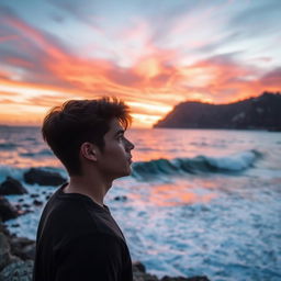 A dramatic coastal scene on the shores of Ischia, Italy, featuring the same young man in his early 20s, gazing thoughtfully at the expansive ocean