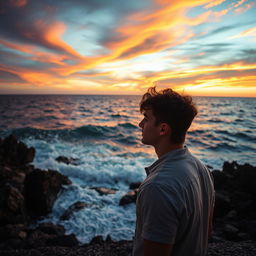 A dramatic coastal scene on the shores of Ischia, Italy, featuring the same young man in his early 20s, gazing thoughtfully at the expansive ocean