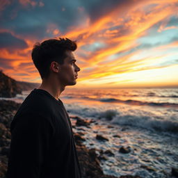 A dramatic coastal scene on the shores of Ischia, Italy, featuring the same young man in his early 20s, gazing thoughtfully at the expansive ocean