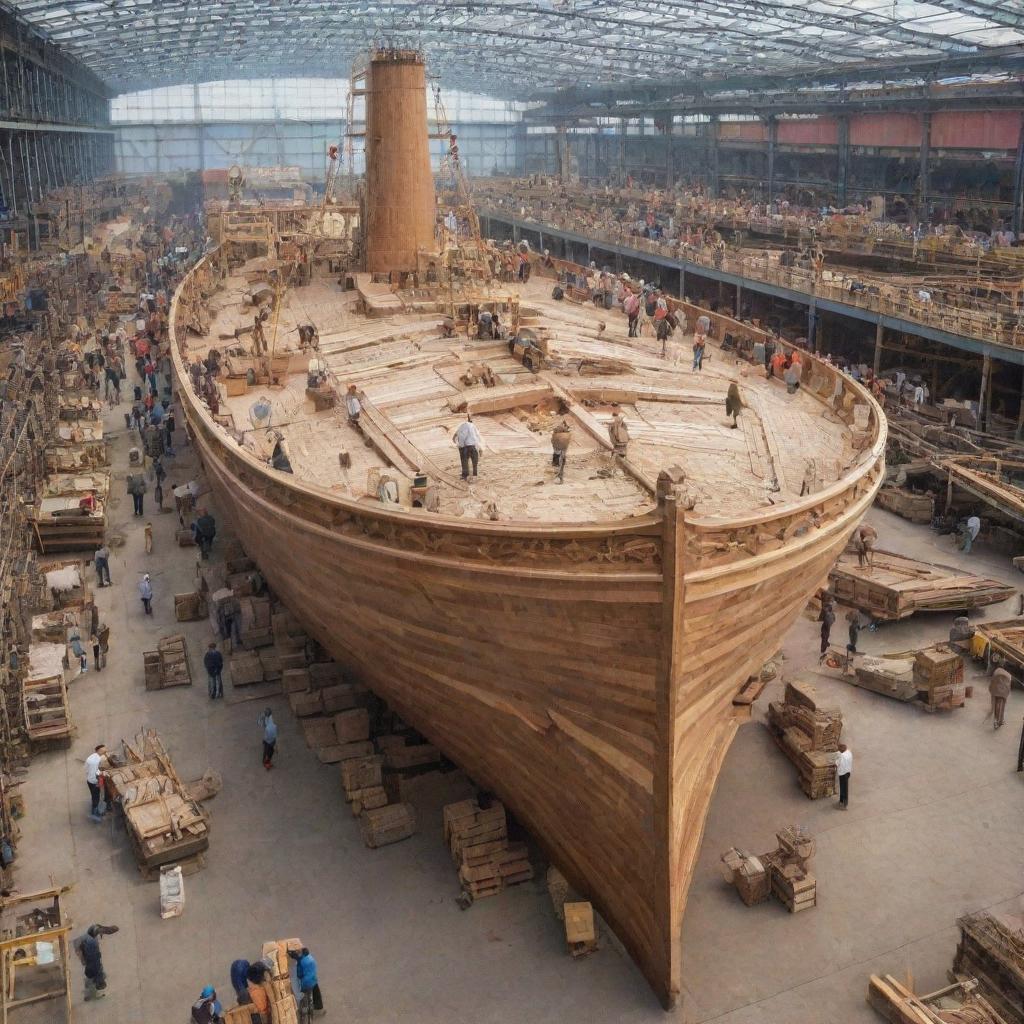 A giant, intricately crafted wooden boat being constructed in a bustling shipyard, with craftsmen working diligently.