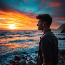 A dramatic coastal scene on the shores of Ischia, Italy, featuring the same young man in his early 20s, gazing thoughtfully at the expansive ocean