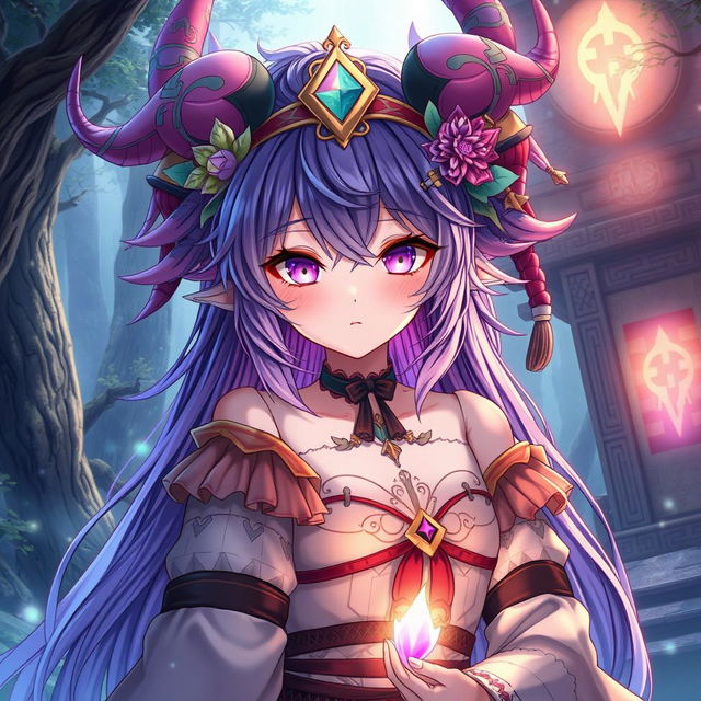 A detailed and artistic representation of a mythical futanari character, blending elements of fantasy and anime with unique and whimsical attributes such as vibrant hair colors and intricate clothing designs