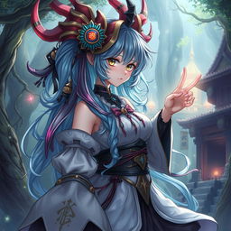 A detailed and artistic representation of a mythical futanari character, blending elements of fantasy and anime with unique and whimsical attributes such as vibrant hair colors and intricate clothing designs