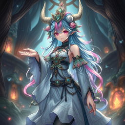 A detailed and artistic representation of a mythical futanari character, blending elements of fantasy and anime with unique and whimsical attributes such as vibrant hair colors and intricate clothing designs