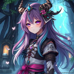 A detailed and artistic representation of a mythical futanari character, blending elements of fantasy and anime with unique and whimsical attributes such as vibrant hair colors and intricate clothing designs