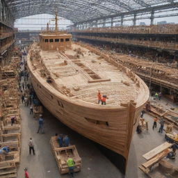 A giant, intricately crafted wooden boat being constructed in a bustling shipyard, with craftsmen working diligently.