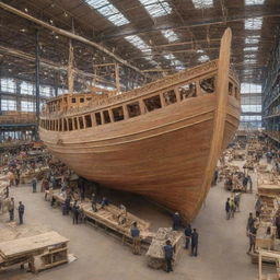 A giant, intricately crafted wooden boat being constructed in a bustling shipyard, with craftsmen working diligently.