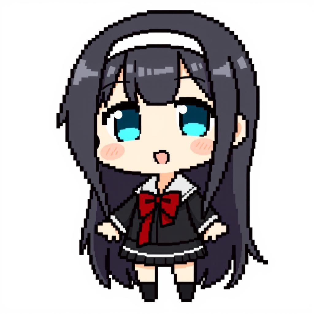 Pixelated chibi Sakurajima Mai on a light gray background, with cute and exaggerated chibi features, distinctive long black hair, bunny ears headband, black school uniform with a red bow tie