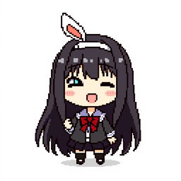 Pixelated chibi Sakurajima Mai on a light gray background, with cute and exaggerated chibi features, distinctive long black hair, bunny ears headband, black school uniform with a red bow tie