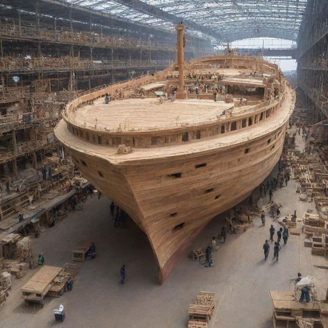 A giant, intricately crafted wooden boat being constructed in a bustling shipyard, with craftsmen working diligently.